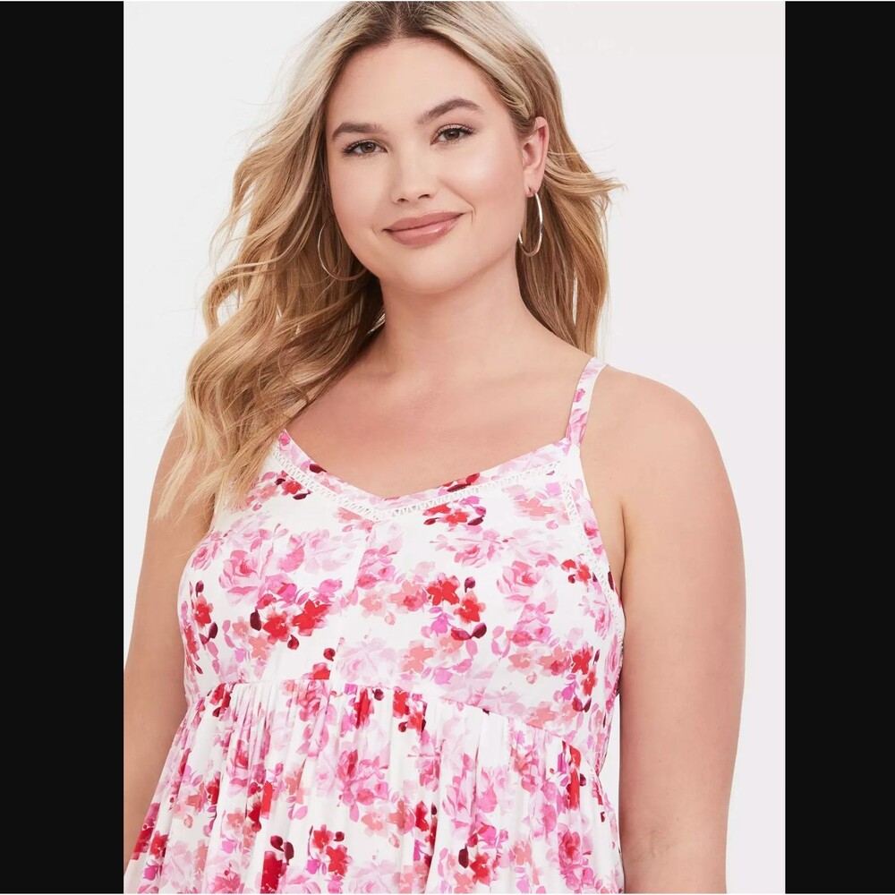 Torrid Floral Babydoll Cami Top 2X 18 20 White Pink Smocked Challis Tunic Boho - Picture 4 of 8